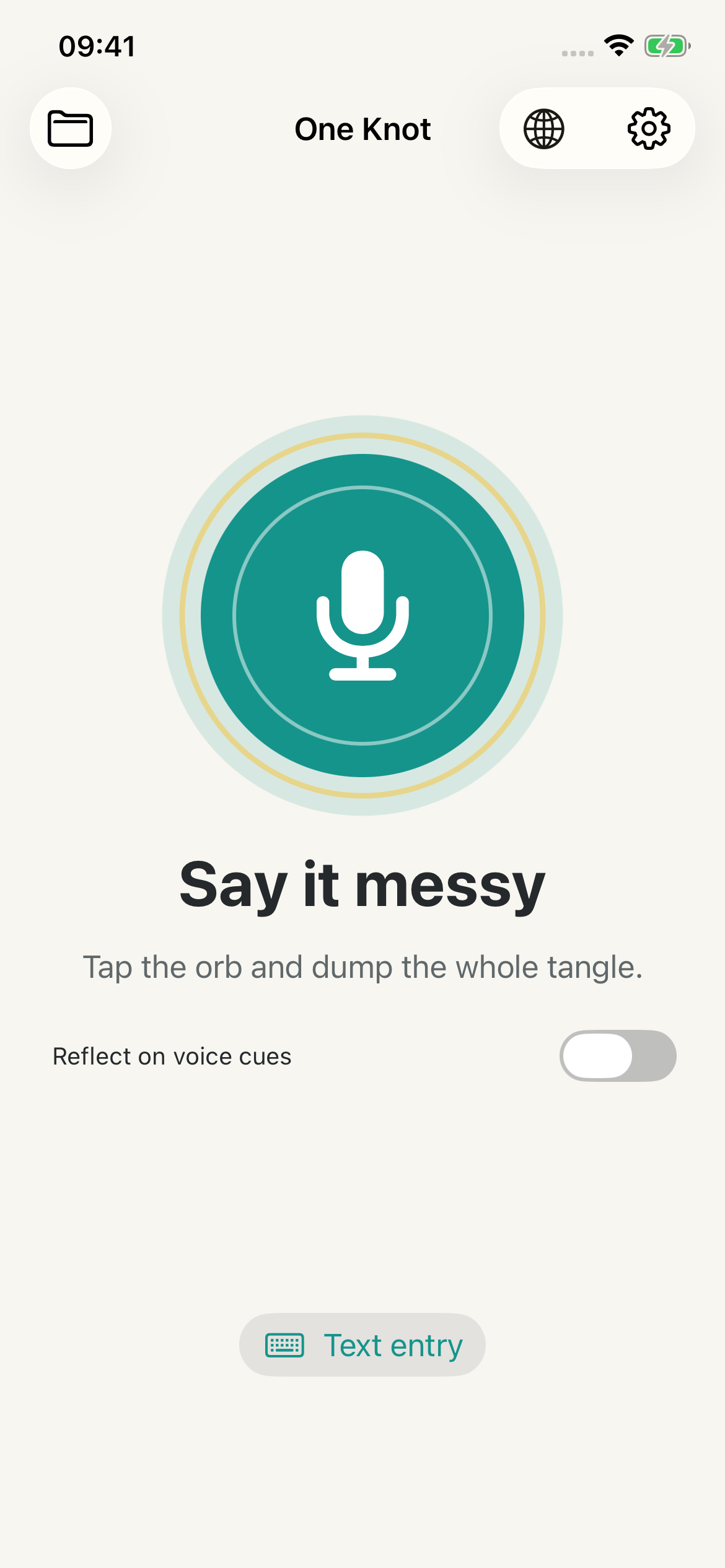 Actual One Knot voice-first capture screen, with a text option.