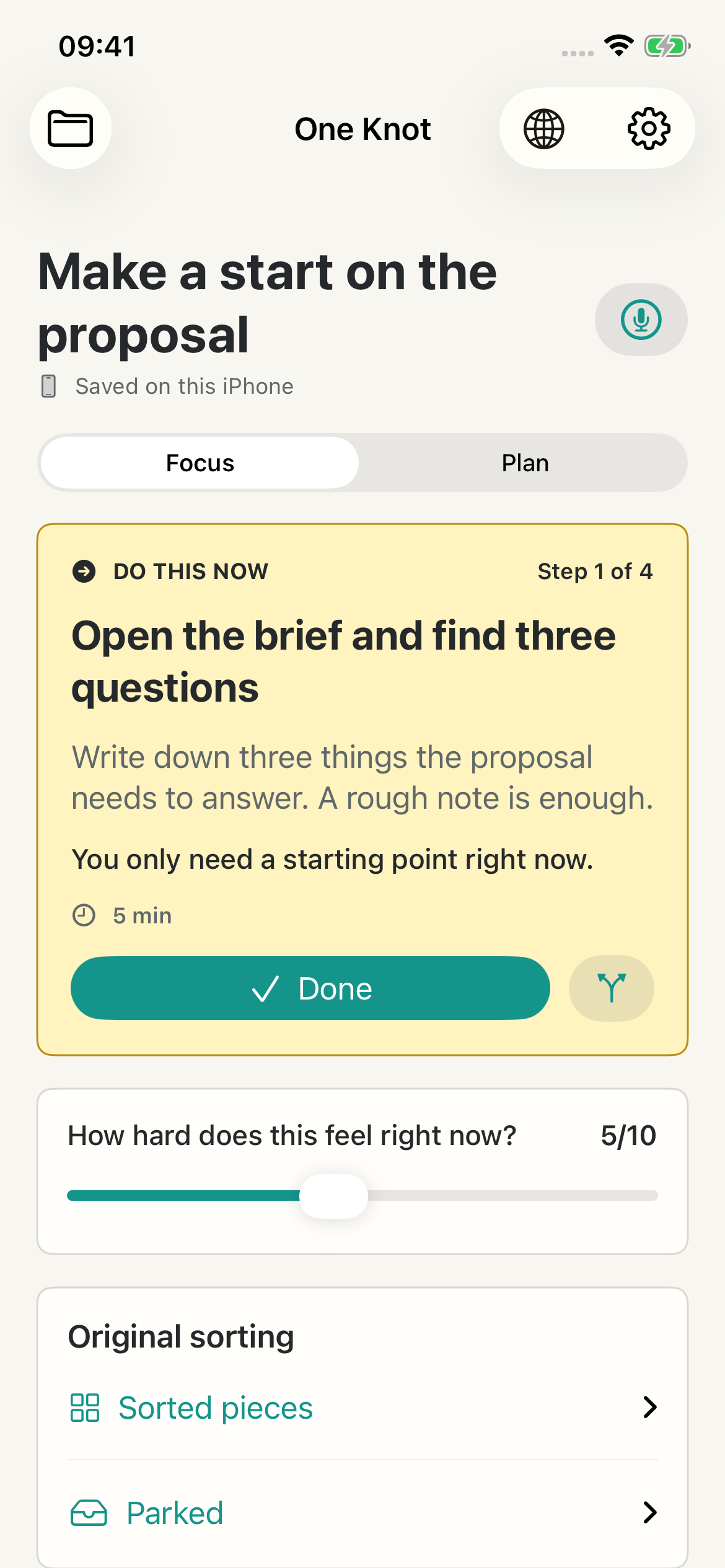 One Knot prototype Focus view, highlighting a small first action in a sample project.
